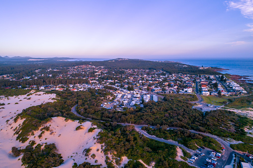 Aerial view of Anna Bay township at sunset in New South Wales, Australia