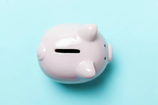 istock Pink piggy bank isolated on blue background 1131028663