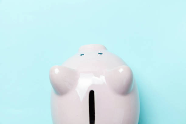 istock Pink piggy bank isolated on blue background 1131028708