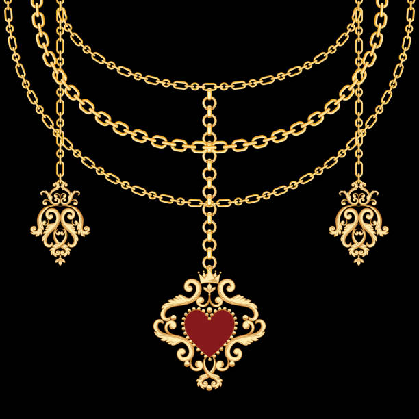 tło z łańcuszkimi złotymi metalicznymi naszyjnikami i wisiorkiem z sercem. na czarnym - gold chain chain circle connection stock illustrations