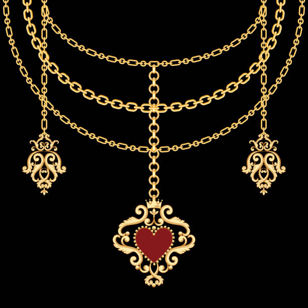 ilustrações de stock, clip art, desenhos animados e ícones de background with chains golden metallic necklace and pendant with heart. on black - gold chain chain circle connection