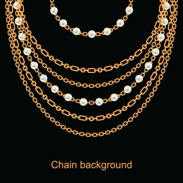 tło z gruszkami i łańcuszkimi złotymi metalicznymi naszyjnikami. na czarnym - gold chain chain circle connection stock illustrations