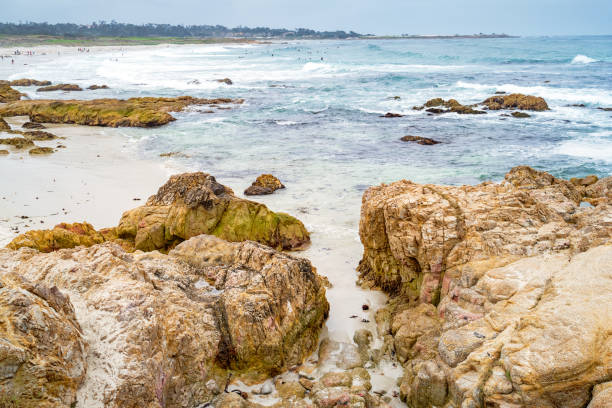Stock photograph of rocky shoreline at Asilomar State Beach in Monterey, California, USA