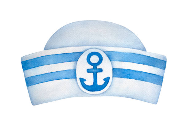 Classic sailor hat with blue stripes and decorative anchor emblem. One single object, front view. Hand painted water color sketchy drawing on white background, cutout clip art element for design. Hand drawn watercolor illustration. sailor hat stock illustrations