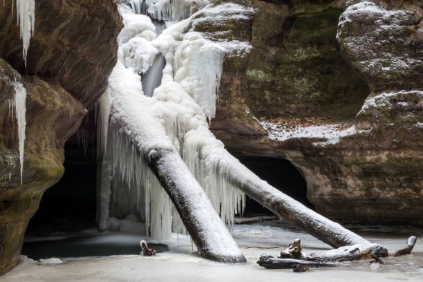Frozen water and icicles forming on the waterfall in Kaskaskia canyon, Starved Rock state park, USA.