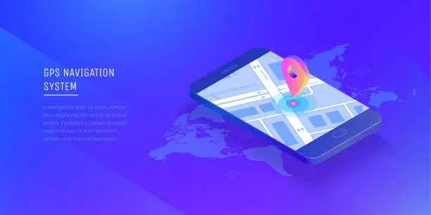 Vector illustration of Gps navigation system. Mobile application for navigation. Gps smart tracker. Mobile phone is a mark on the map. Modern vector illustration isometric style.