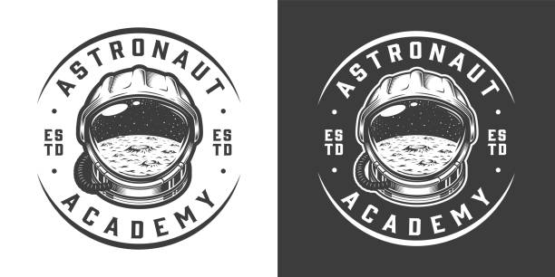 Vintage monochrome space logo Vintage monochrome space logo with moon surface in astronaut helmet isolated vector illustration astronaut patterns stock illustrations