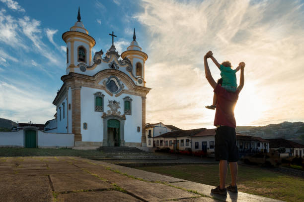 Side detail of historical construction of the center of Ouro Preto with lantern in late afternoon
