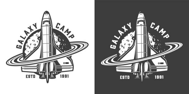 Vintage monochrome space badge with saturn rings around shuttle and moon isolated vector illustration