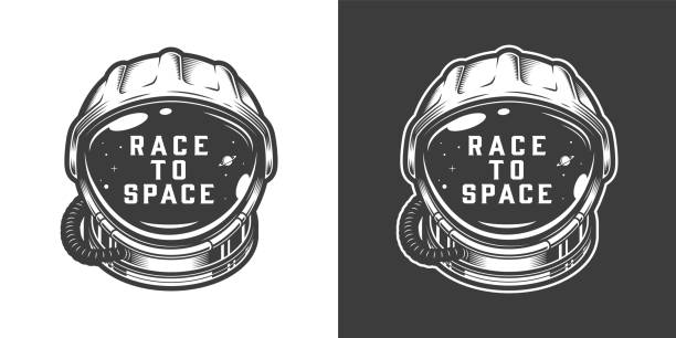 illustrazioni stock, clip art, cartoni animati e icone di tendenza di emblema spazio casco astronauta monocromatico vintage - astronaut space helmet space helmet