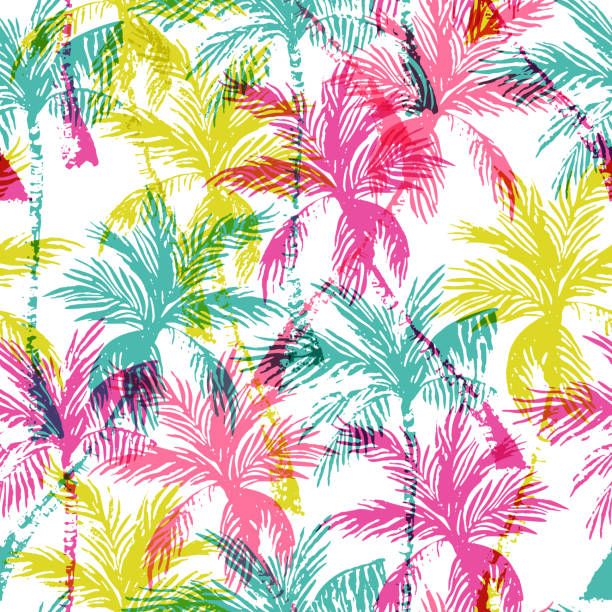 illustrations, cliparts, dessins animés et icônes de abstrait coloré palm arbres motif sans soudure. - palm leaf frond leaf backgrounds