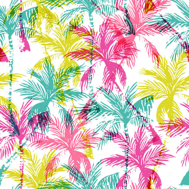 ilustrações de stock, clip art, desenhos animados e ícones de abstract colorful palm trees seamless pattern. - frond