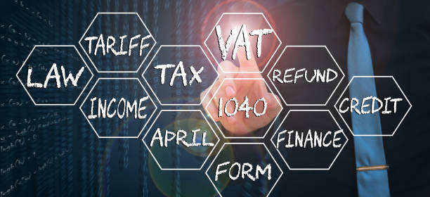 istock businessman pointing finger on virtual screen and touching word vat 1131051604
