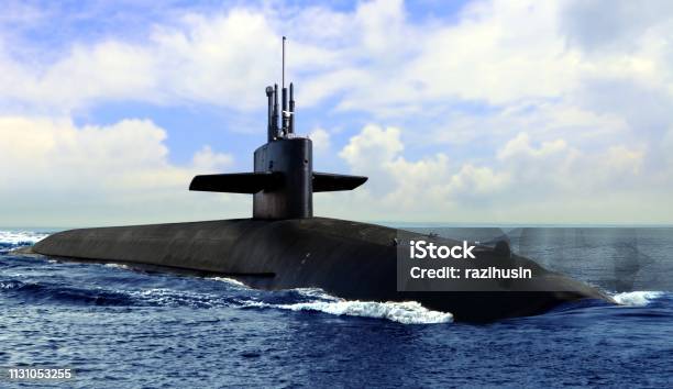 Naval Submarine On Open Blue Sea Surface Stock Photo - Download Image Now - Submarine, Navy, Nuclear Weapon