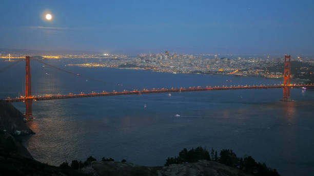 una luna super piena sorge sul golden gate bridge a san francisco - golden gate bridge bridge large san francisco county foto e immagini stock