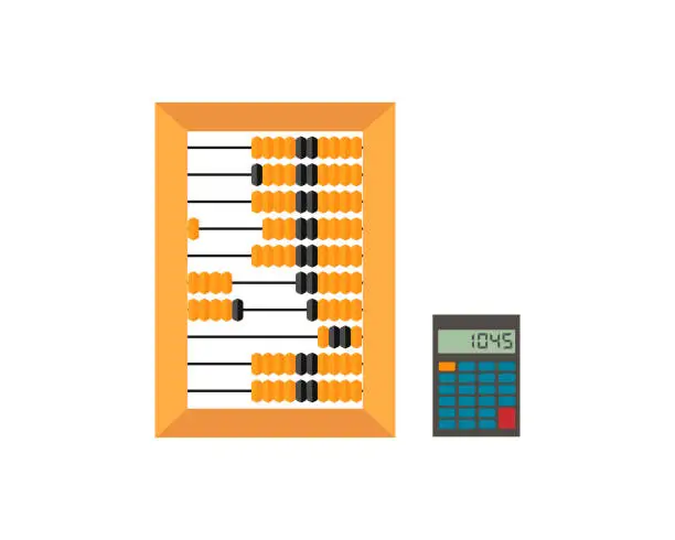 Vector illustration of Old wooden abacus and calculator isolated on a white backgroun. Vector.