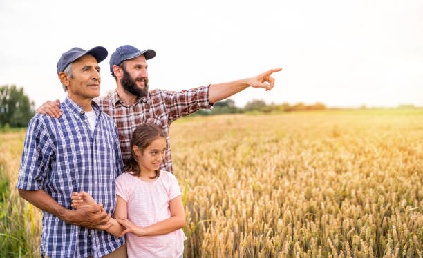 istock Three genarations from farmer family in the field 1131070729
