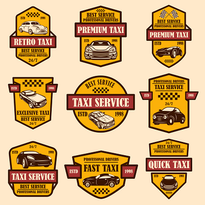 Set of taxi service emblems. Design element for label, sign, poster, card. Vector illustration