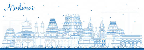ilustrações de stock, clip art, desenhos animados e ícones de outline madurai india city skyline with blue buildings. - madurai