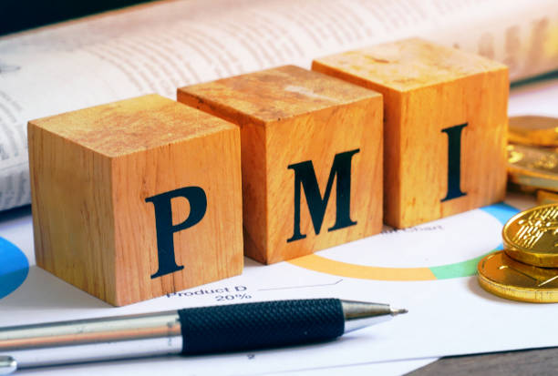 text "pmi" on wood cube with gold bar and newspaper on the table, economic data concept - manufaturing imagens e fotografias de stock