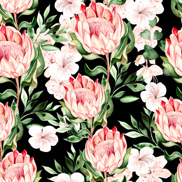 istock Watercolor tropical pattern with hibiscus and protea flowers. 1131074900