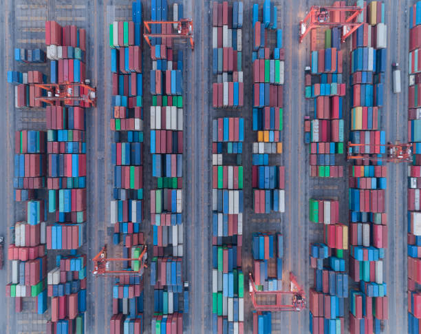 istock Aerial top view container warehouse for logistic, import export, shipping or transportation. 1131076737