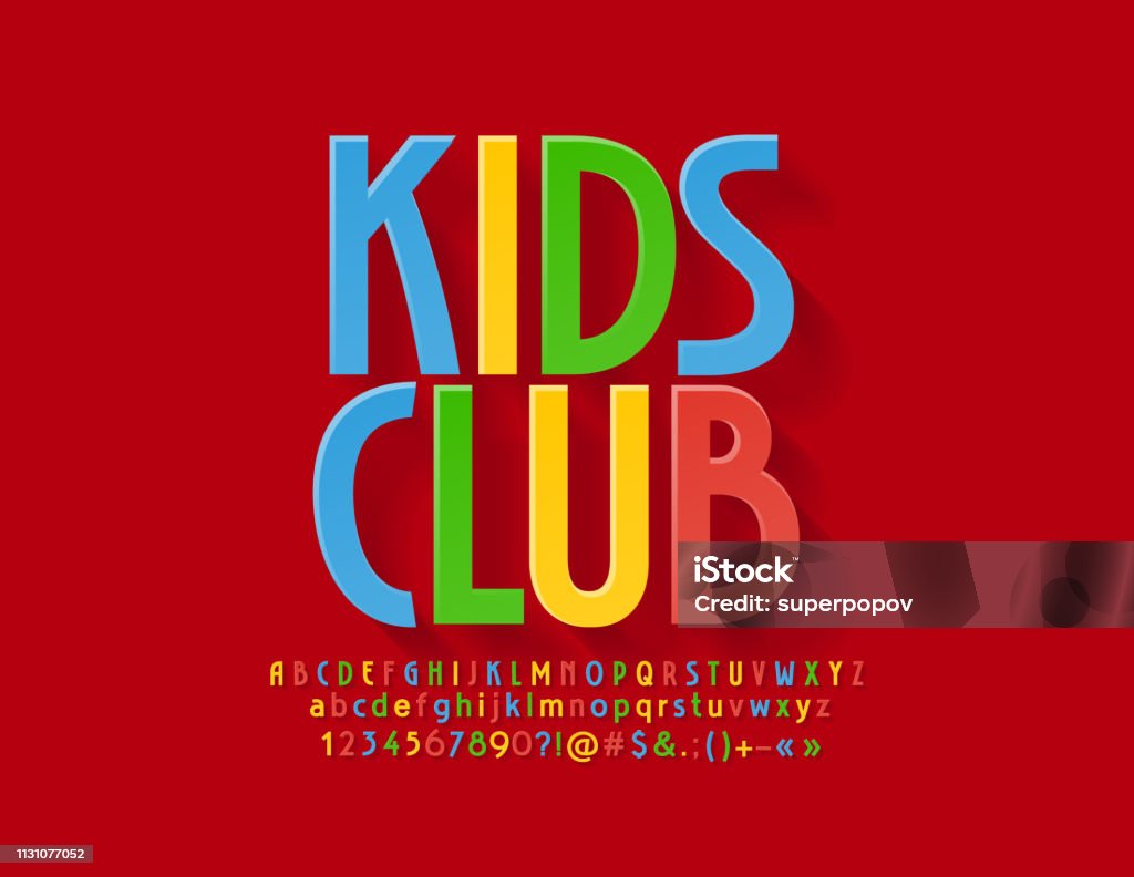 Vector colorful label Kids Club with Alphabet Letters, Numbers and Symbols Bright Flat Font Child stock vector