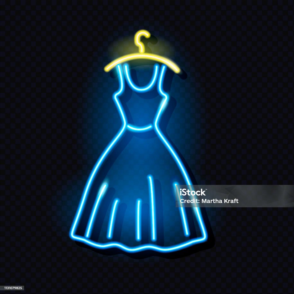 Neon icon of female dress on hanger. Fashion boutique or girly concept. Design element for glowing night signboard style. Isolated on dark background. Vector 10 EPS illustration. Dress stock vector