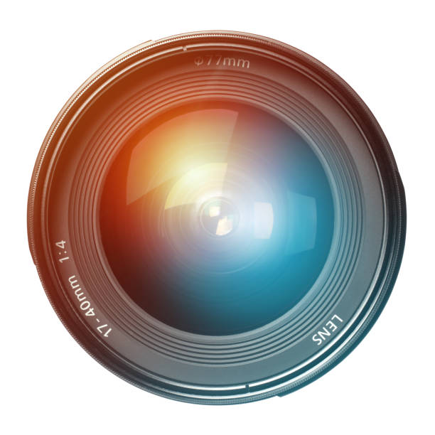 front view of wide angle camera lens - lens camera aperture isolated imagens e fotografias de stock