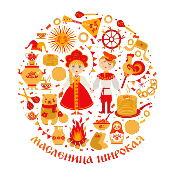 vector setzte auf das thema des russischen feiertags karneval. russische übersetzung weit geschwemmt shrovetide oder maslenitsa. - russian nesting doll doll russia decoration stock-grafiken, -clipart, -cartoons und -symbole