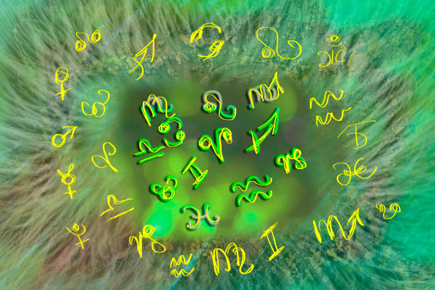 Yellow symbols and zodiac signs, planets