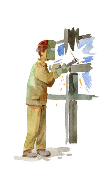 ilustrações de stock, clip art, desenhos animados e ícones de metalworks. welder at work. watercolor sketch in the style of 80-ies. - 80ies