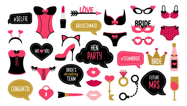 ilustrações de stock, clip art, desenhos animados e ícones de wedding and bachelorette party photo booth props set - bachelorette party