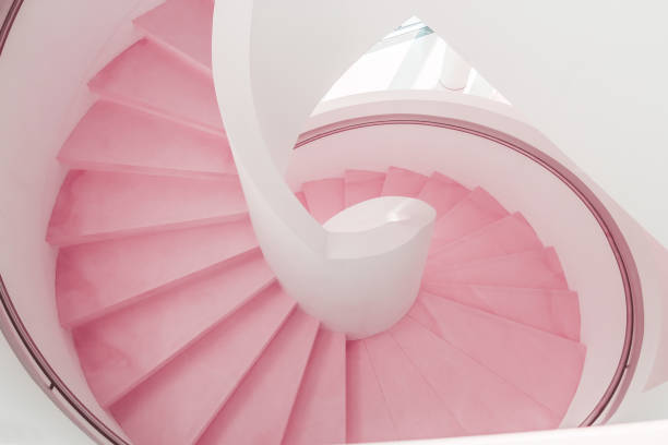 분홍색 살아있는 산호 현대 나선형 계단 하강 - vehicle interior staircase residential structure indoors 뉴스 사진 이미지