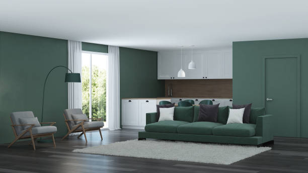 istock Modern house interior. Green color in the interior. 3D rendering. 1131084836