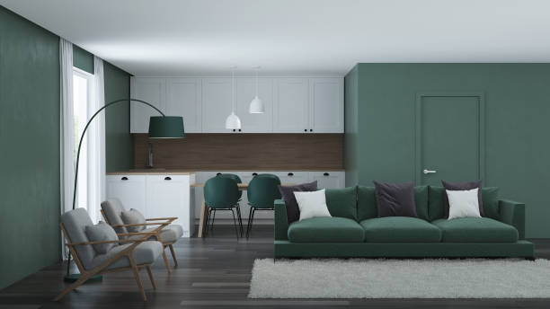 istock Modern house interior. Green color in the interior. 3D rendering. 1131084837
