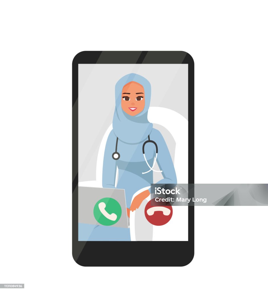 Online Video Conferencing With Happy Female Arabian Doctor On Smartphone. Online Video Conferencing With Happy Female Arabian Doctor On Smartphone. Vector illustration isolated from white background Clip Art stock vector