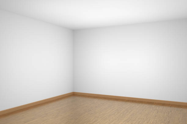 White wall and ceiling with wood floor, home interior, empty room.