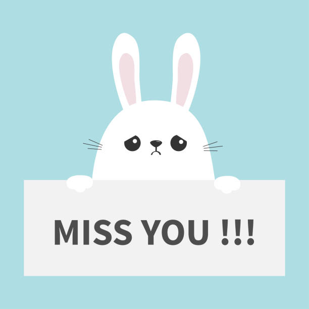 White Sad Bunny Rabbit Hanging On Paper Board Miss You Funny Head Face Big  Ears Cute Cartoon Character Kawaii Animal Easter Symbol Baby Card Pet  Collection Flat Design Blue Background Stock Illustration -