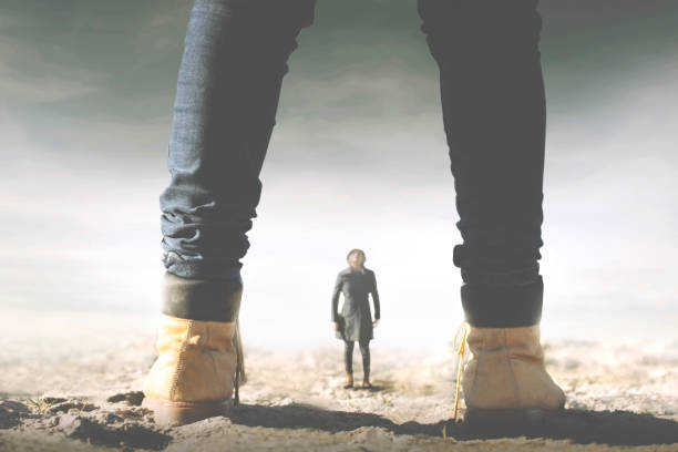 surreal meeting between a giant and a small woman