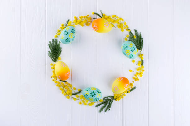 istock Mimosa and painted aggs circle frame  on white background . Space for text. Floral background. 1131092694