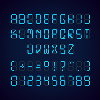 Vector template of glowing realistic digital blue alphabet and numbers, alarm clock letters