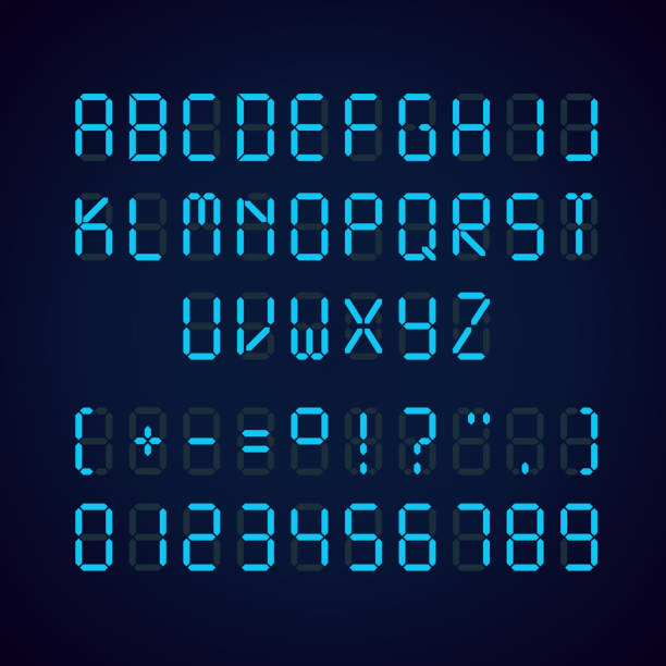 Vector template of glowing realistic digital blue alphabet and numbers Vector template of glowing realistic digital blue alphabet and numbers, alarm clock letters digital display stock illustrations