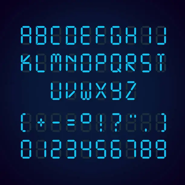 Vector illustration of Vector template of glowing realistic digital blue alphabet and numbers