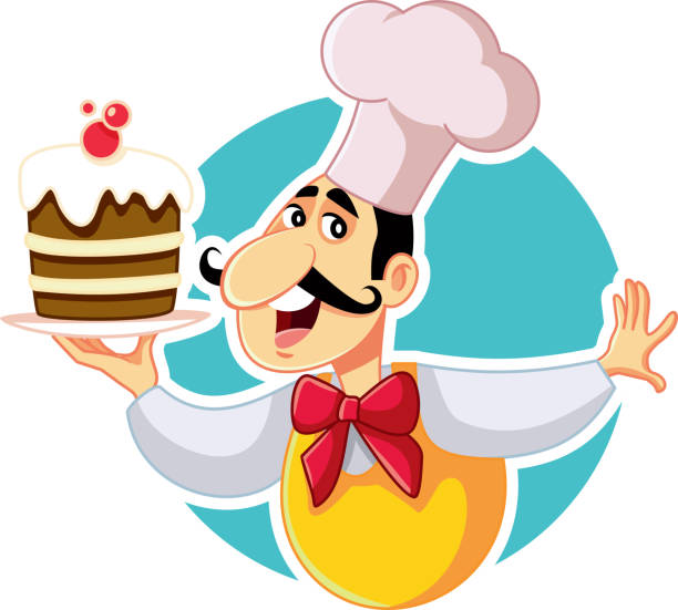 ilustrações de stock, clip art, desenhos animados e ícones de pastry chef holding cake vector cartoon - characters cooking chef bakery