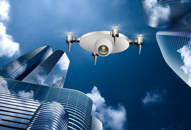istock A flying drone capable of face authentication that monitors and maintains cities and office towns. 1131093156