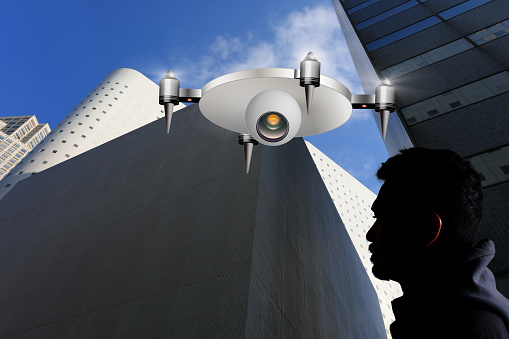 A drone with face authentication. Surveillance, survey and photographing of cities and streets.