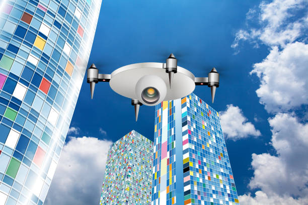 istock A flying drone capable of face authentication that monitors and maintains cities and office towns. 1131093345