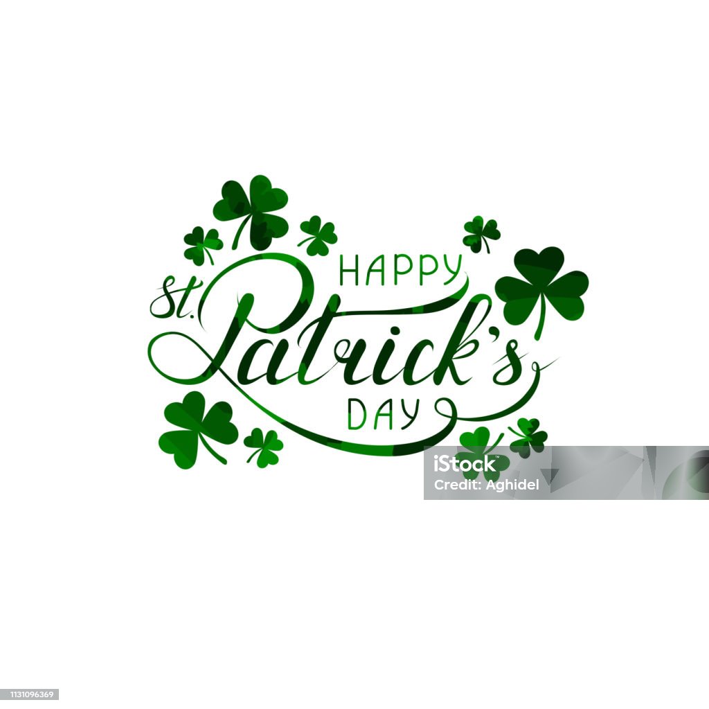 Happy St. Patricks day lettering and shamrock shapes. handwritten calligraphic inscription. design element for greeting card, banner, invitation, postcard, vignette, flyer. vector illustration Happy St. Patricks day lettering and shamrocks. handwritten calligraphic inscription. design element for greeting card, banner, invitation, postcard, vignette, flyer. green motley shapes. grunge vector illustration St. Patrick's Day stock vector