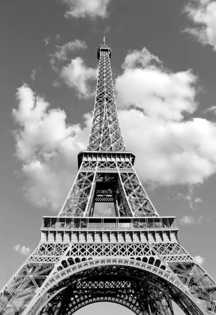 istock bottom view of Eiffel Tower in black and white 1131097591